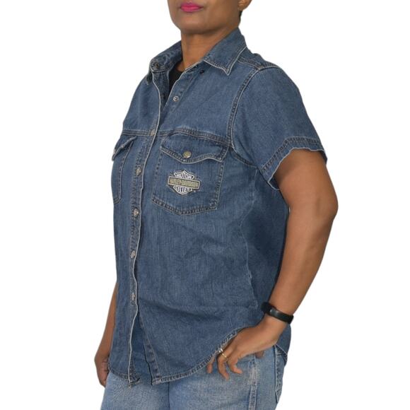 Vintage Harley Davidson Denim Shirt Blue Logo Patch Motorcycles Bike Size Medium - Picture 5 of 15